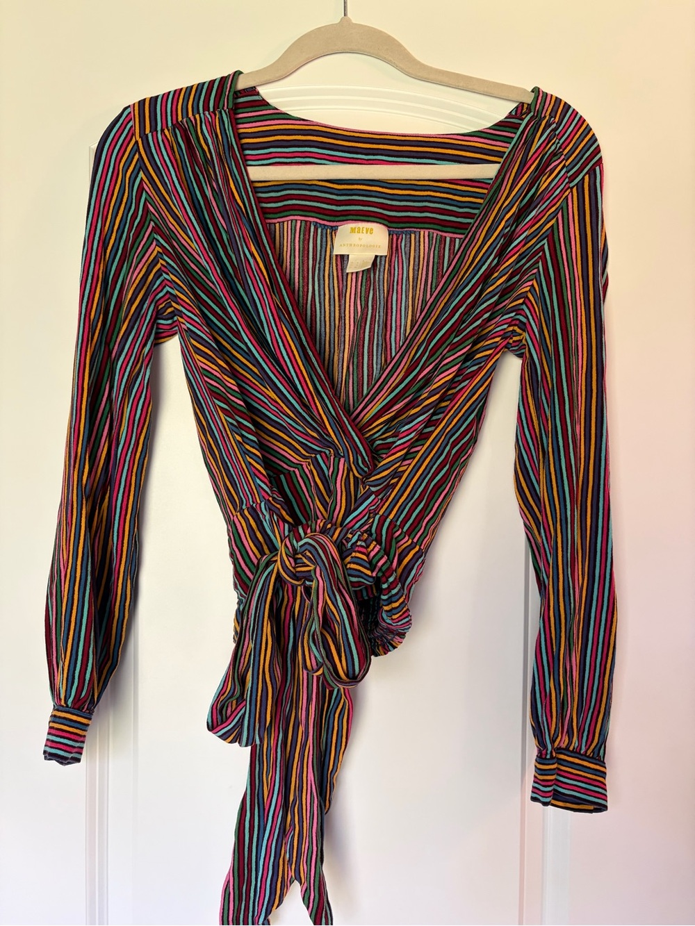 Striped Wrap Tie Front Top in Multi-Color by Maeve by Anthropologie